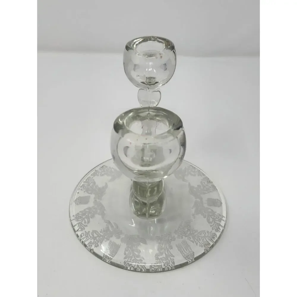 Vintage Double Candlestick Holder | Paden City Glass Co | Etched Floral Base